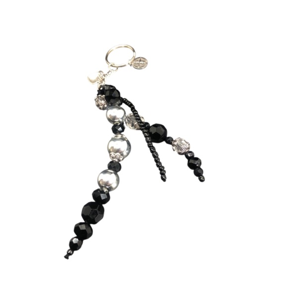 Beaded Keychain | 3 Strands w/ Black Faceted Onyx, Seed Beads + Heart & Compass - Picture 12 of 16